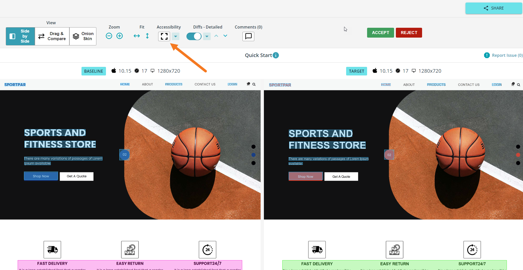 A screenshot of the VisualTest comparisons with the Accessibility button indicated.