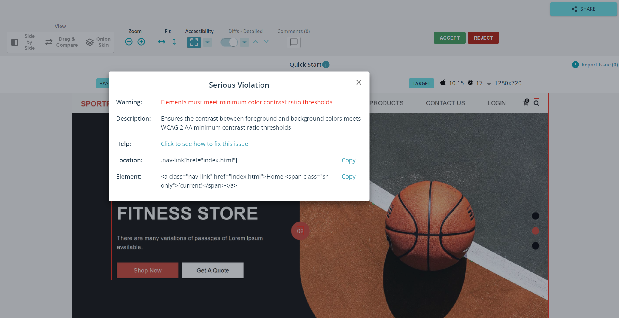 A screenshot of an accessibility violation details.