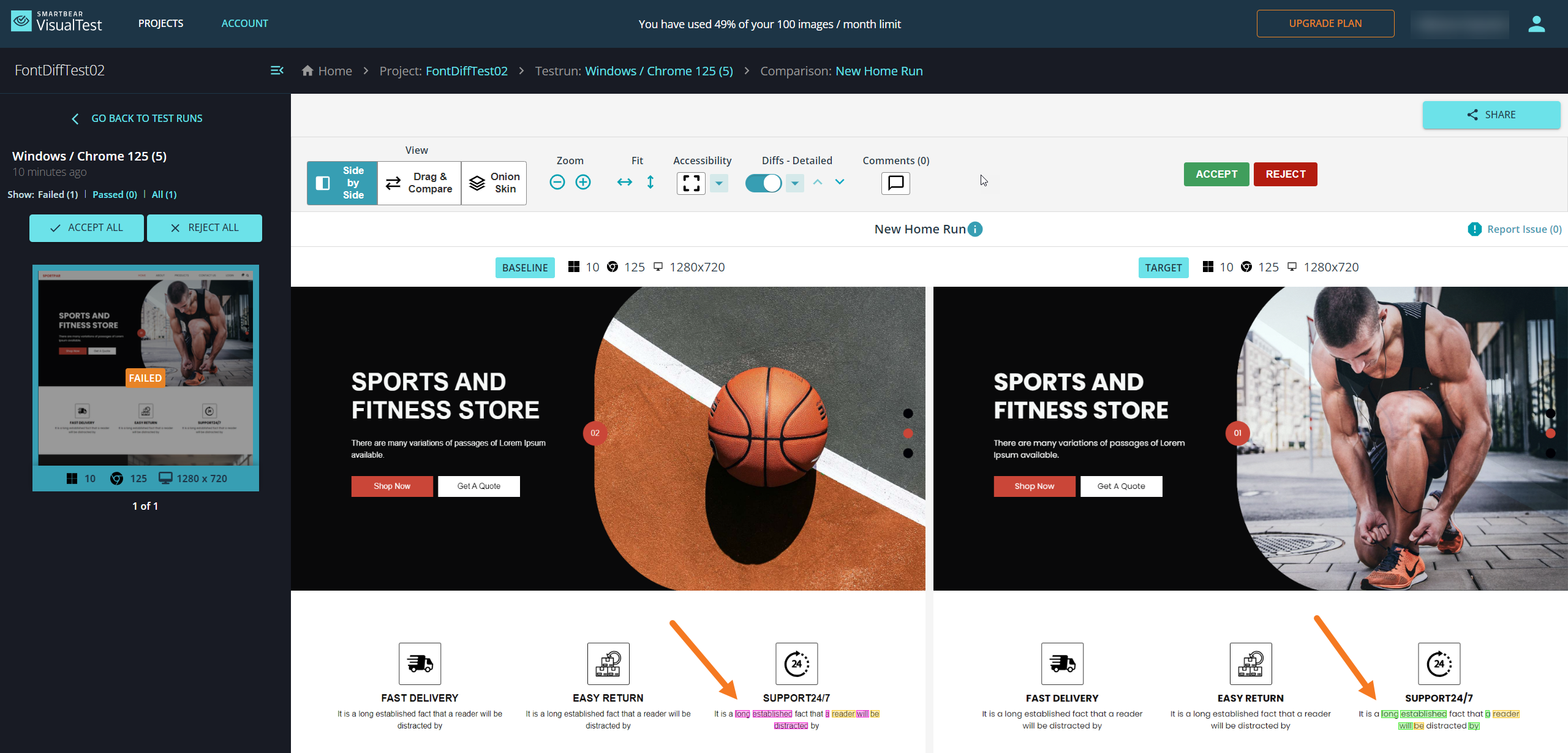 A screenshot of visual differences of a website in Visual Test.
