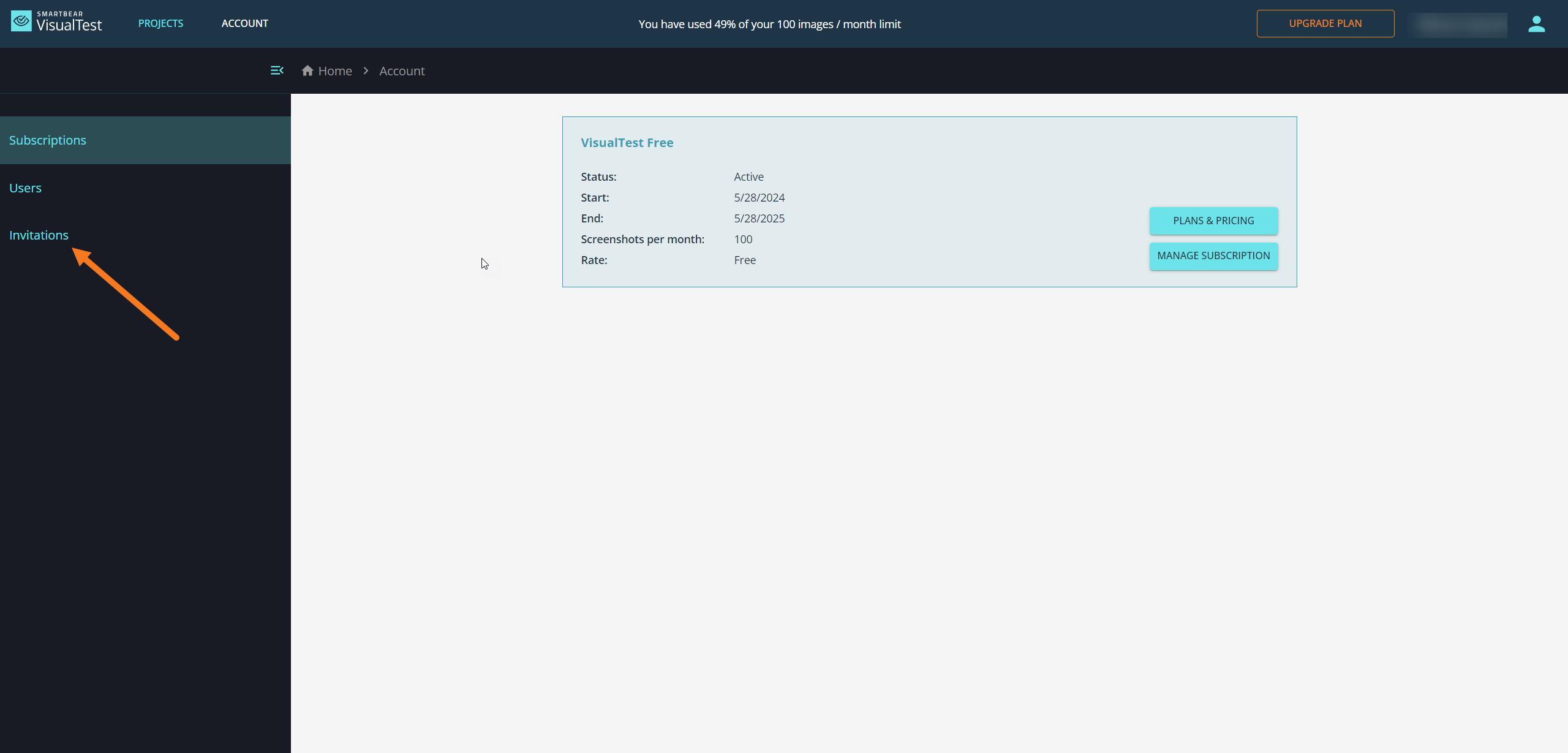 A screenshot of the VisualTest Account section with the Invitations section indicated.