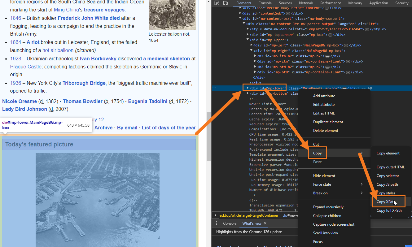 A "Copy XPath" inspect element option.