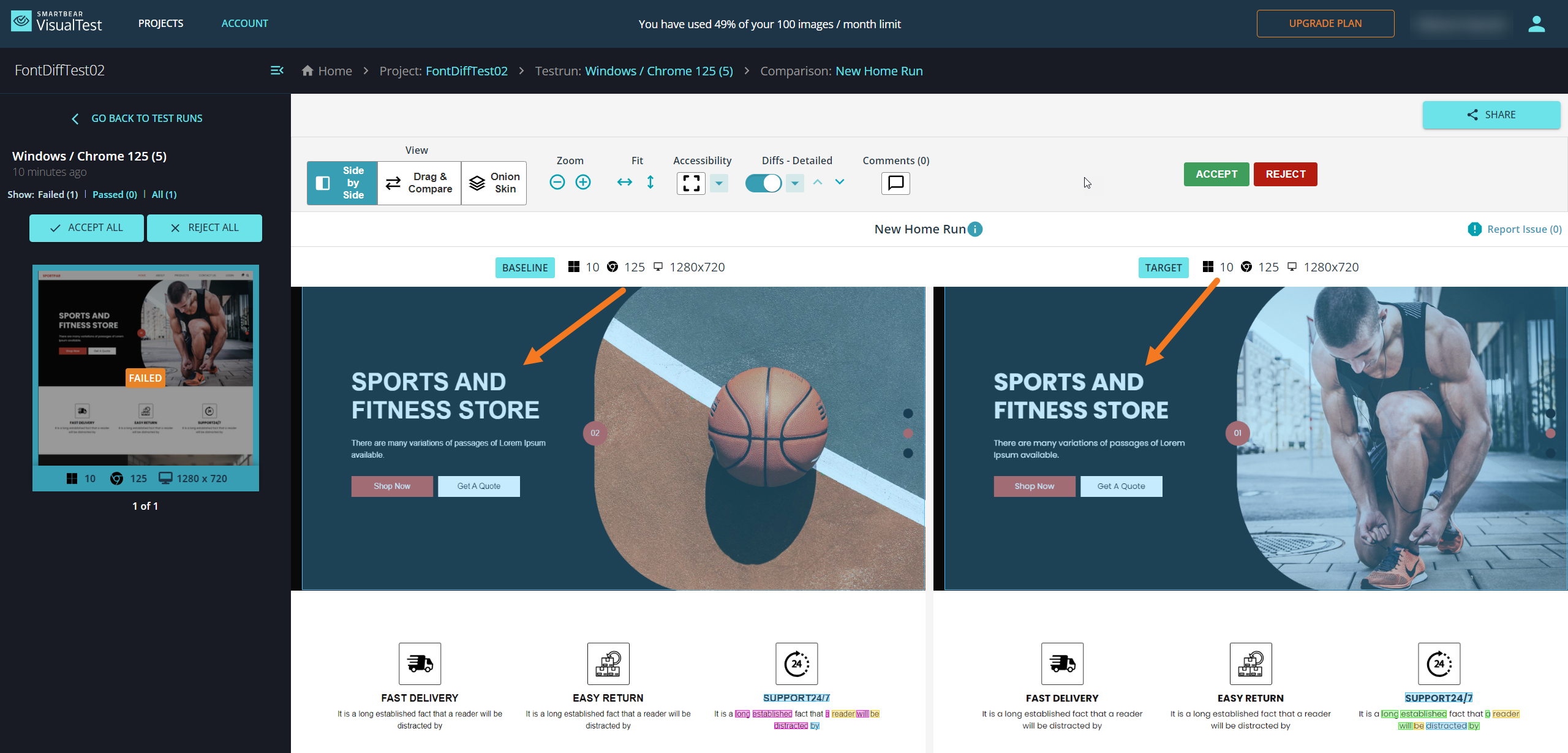 A screenshot of visual differences of a website in Visual Test.