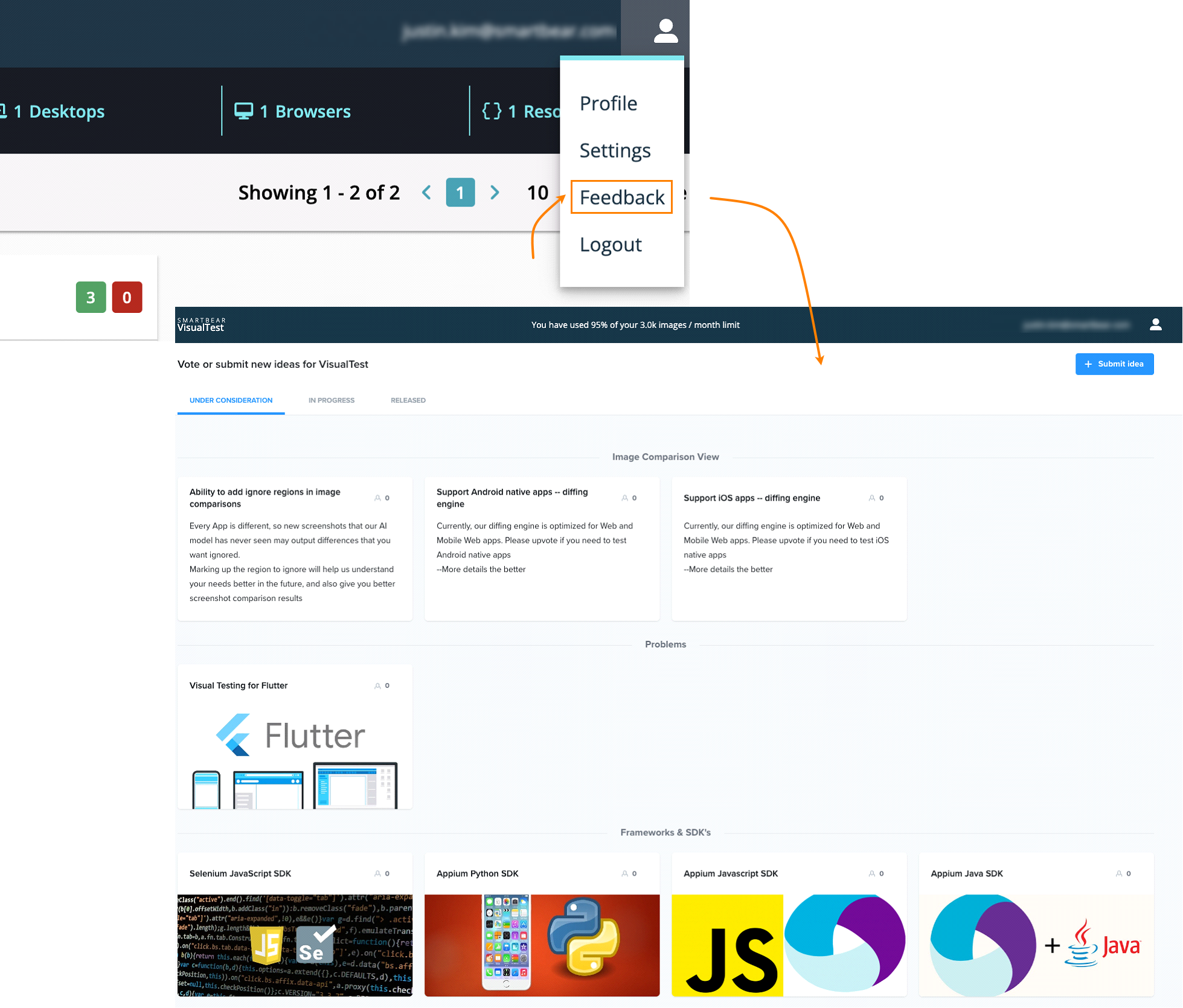 Feedback is in the Profile menu