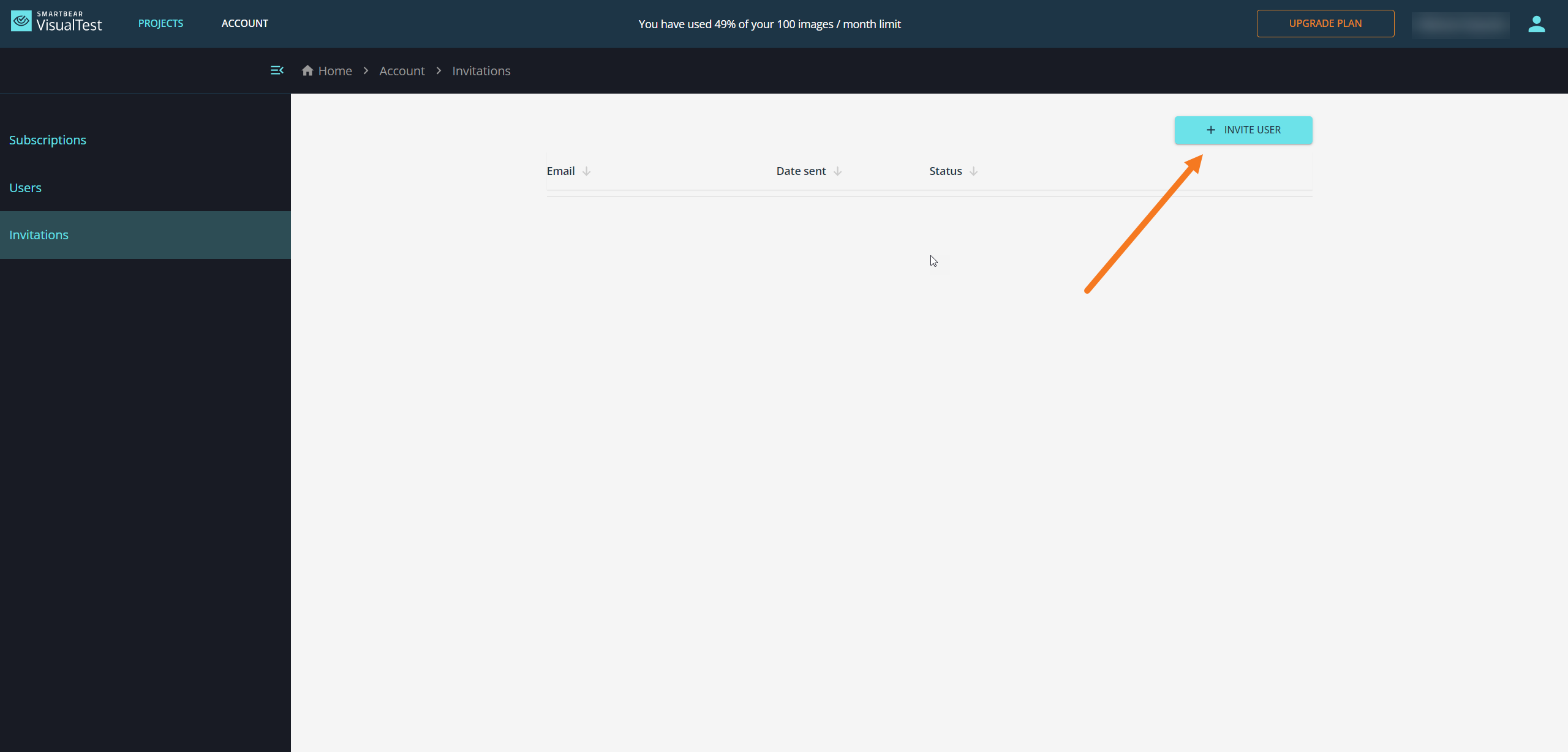 A screenshot of the VisualTest Invitations section with the Invite User button indicated.