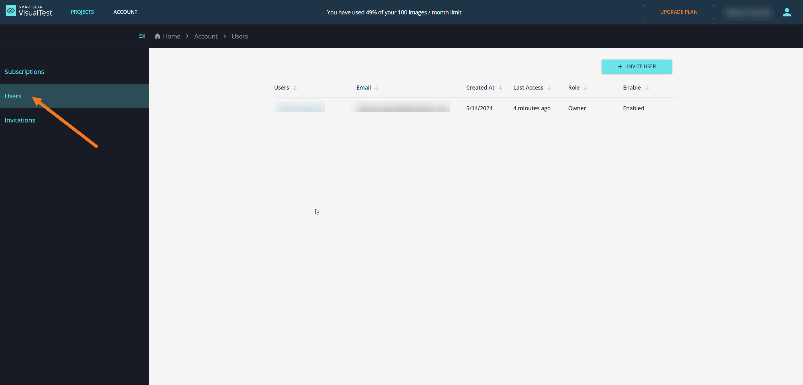 A screenshot of the VisualTest Users section.