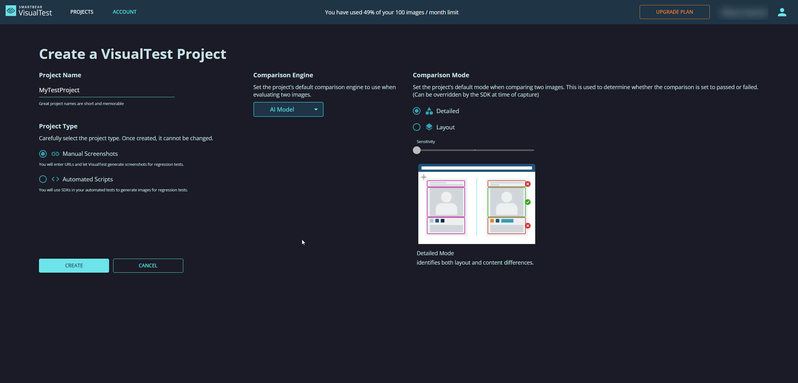 A screenshot of the whole Create Project settings.